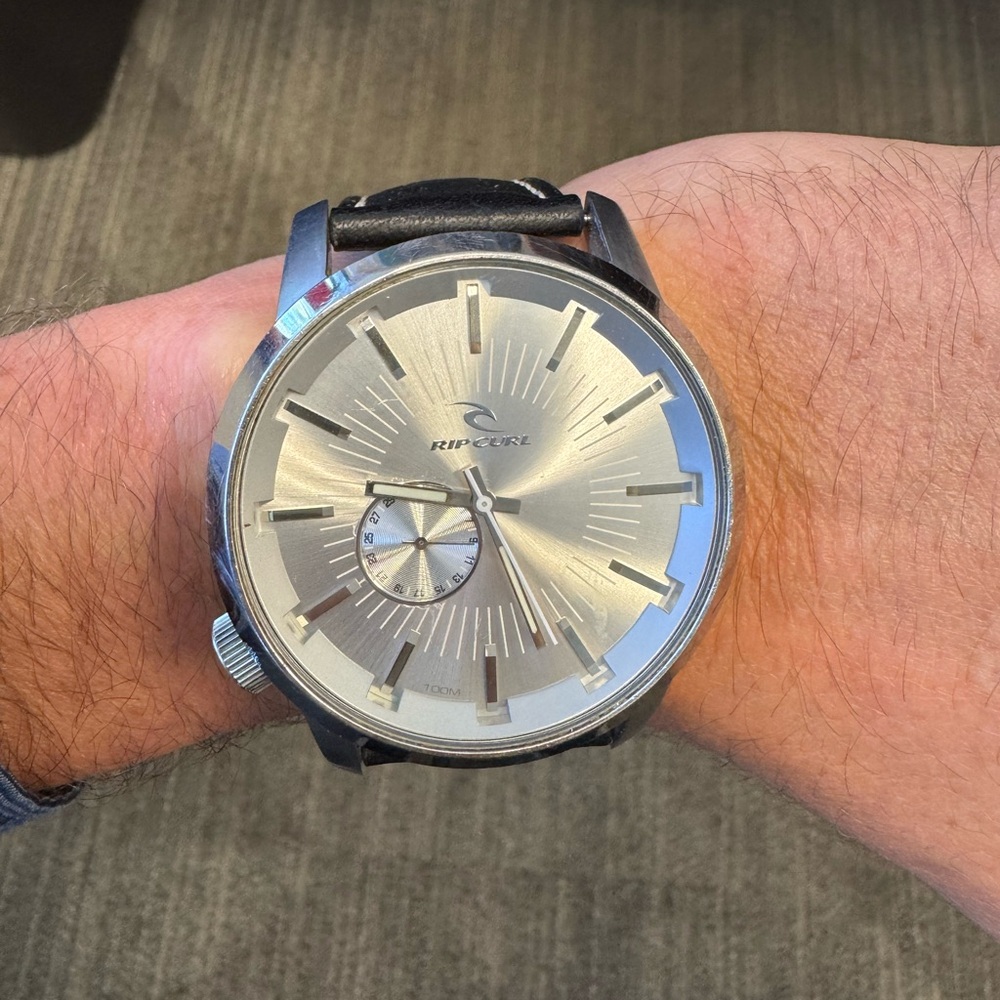 Rip Curl Metallic Silver Watch with Black Strap